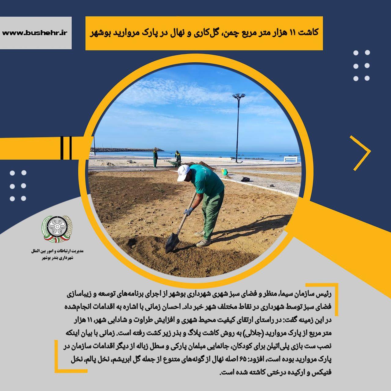 کاشت ۱۱ هزار متر مربع چمن، گل‌کاری و نهال در پارک مروارید بوشهر