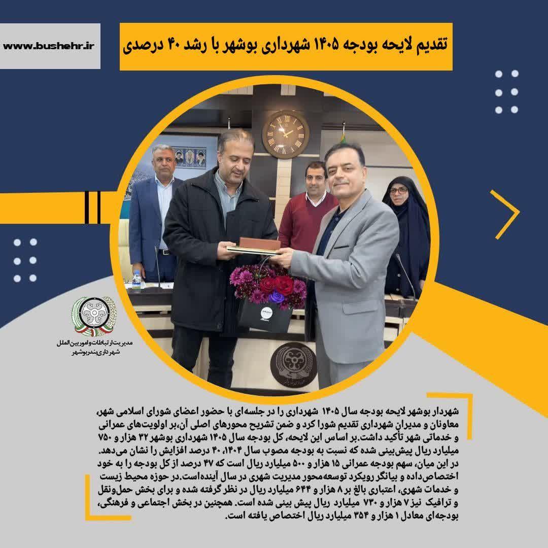 ​تقدیم لایحه بودجه ۱۴۰۵ شهرداری بوشهر با رشد ۴۰ درصدی